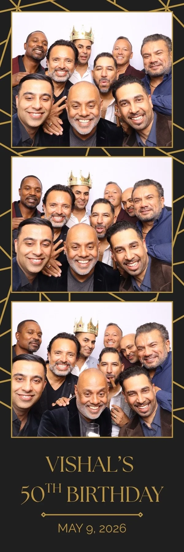 A photo booth strip showing three pictures of a group of ten men celebrating Vishal's 50th birthday. The men are smiling and posing together, with one wearing a crown. The bottom of the strip has a black background with gold text that reads "Vishal's