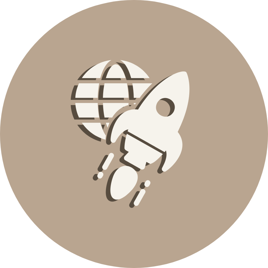 A robot holding a globe in front of a background with a circular pattern.