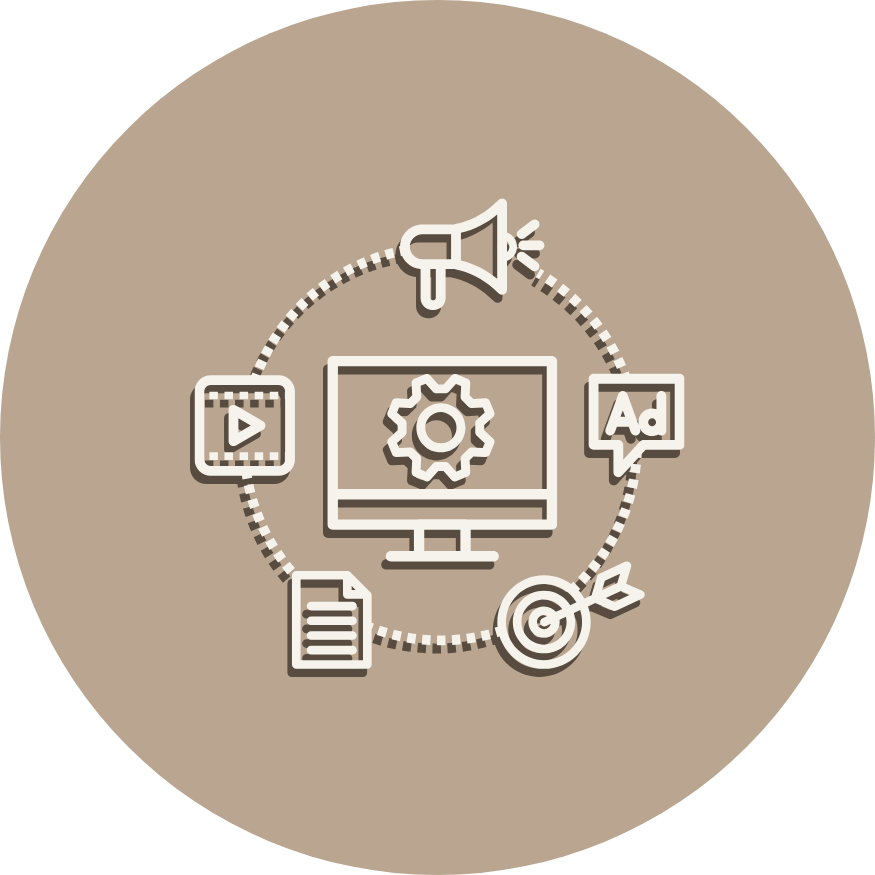 Illustration of digital marketing concepts, including a computer monitor with a gear, a loudspeaker, a video play button, a document, an ad speech bubble, and a target with an arrow, all within a circular design.