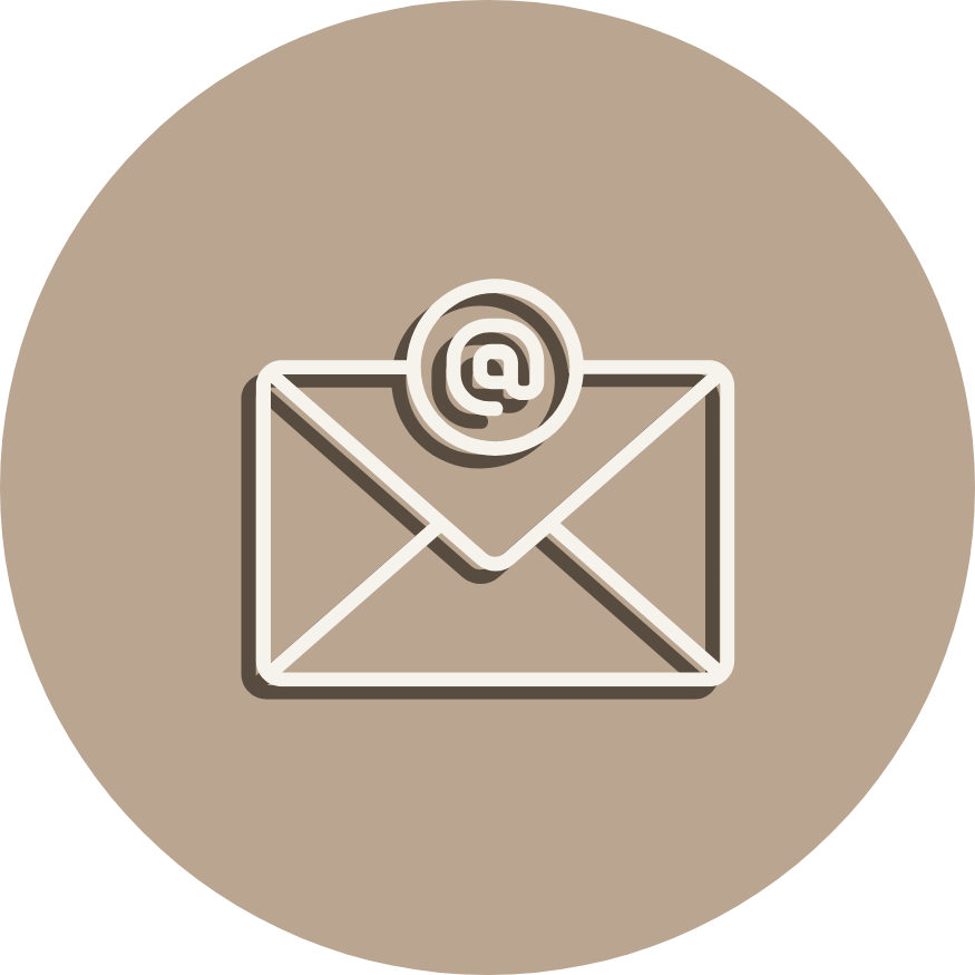 Icon of an envelope with an at symbol on a beige circular background.