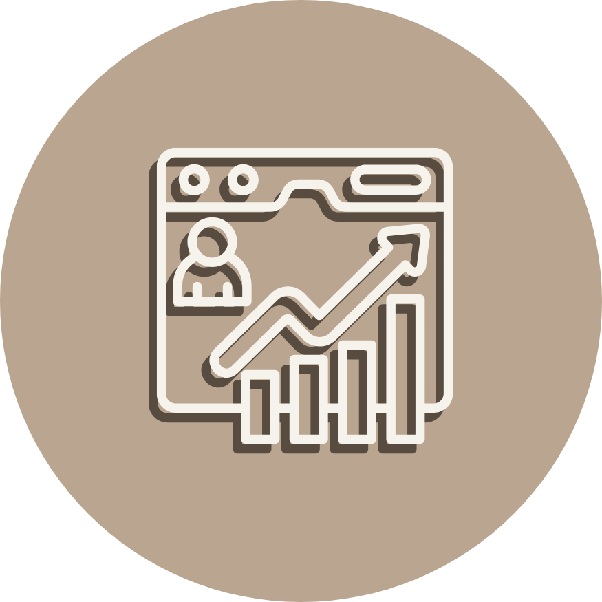 Line chart with upward trend, bar graph, user profile icon, and photo icon on a website or app interface.
