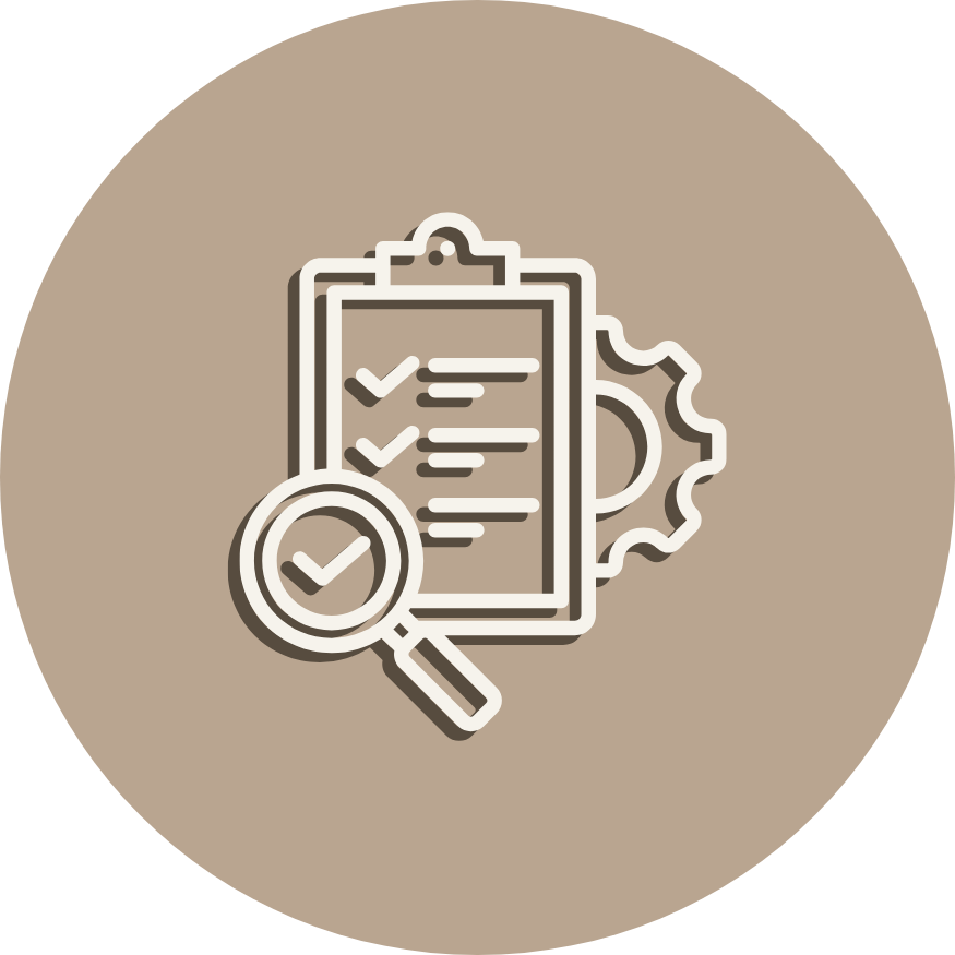 Icon of a document with checkmarks, a magnifying glass with a checkmark inside, and a gear, representing quality control or process review.