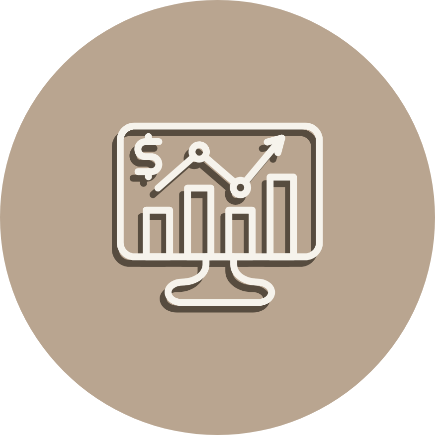 Graphic of a computer monitor displaying a bar chart, line graph, dollar sign, and an upward arrow on a beige circular background.