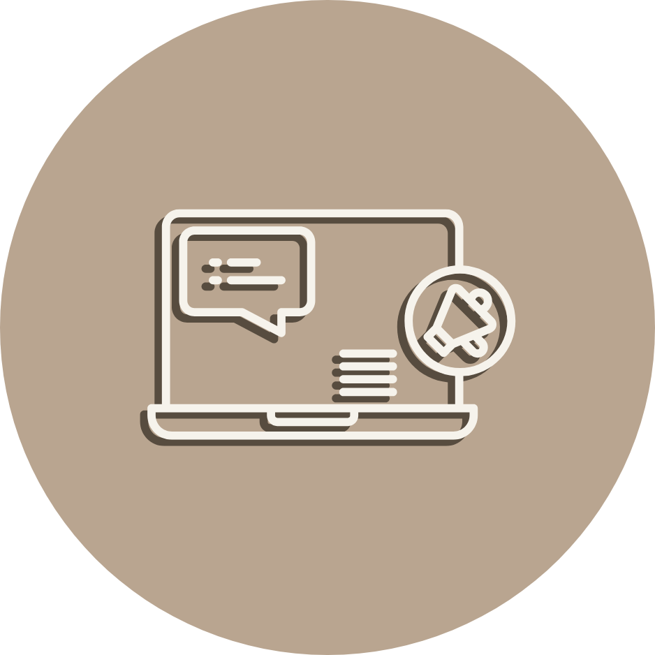 Icon of a laptop with a chat bubble and a megaphone, suggesting online marketing or advertising.