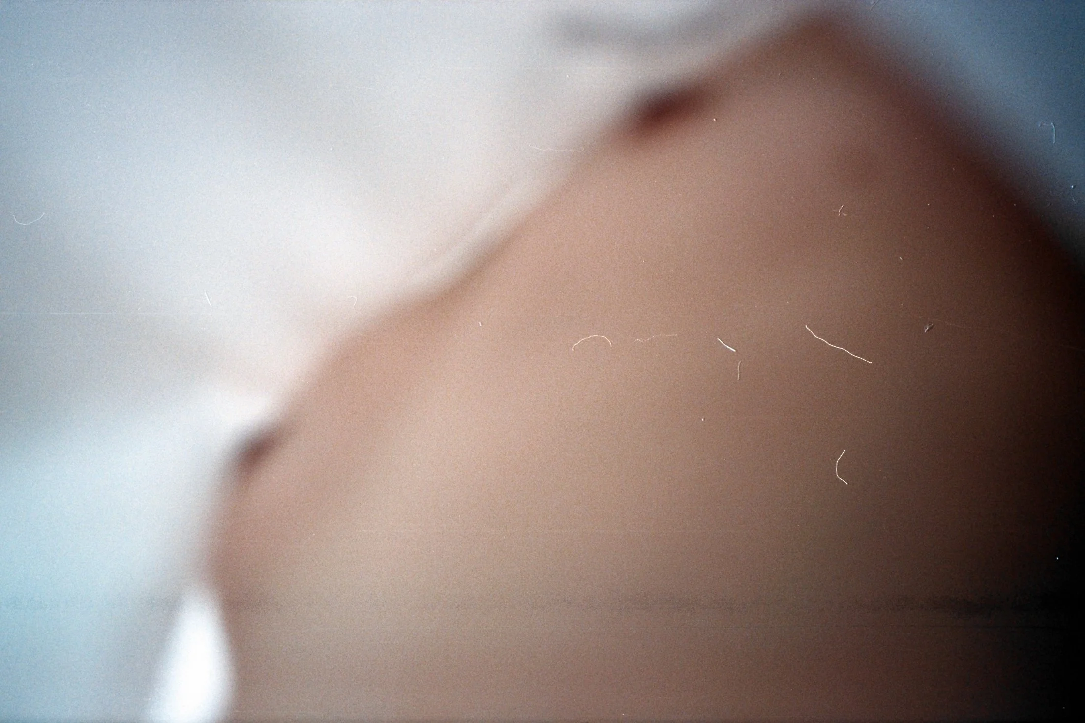 Close-up photo with a blurry composition, mixing shades of white, beige, and dark blue, and small white hair-like fibers scattered throughout.