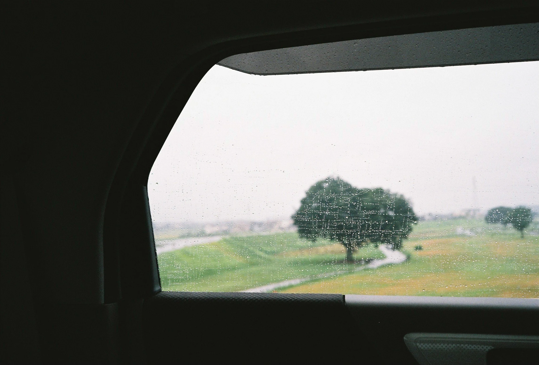 View of a rainy day with water droplets on the car window, showing a green field with trees and a small stream outside.