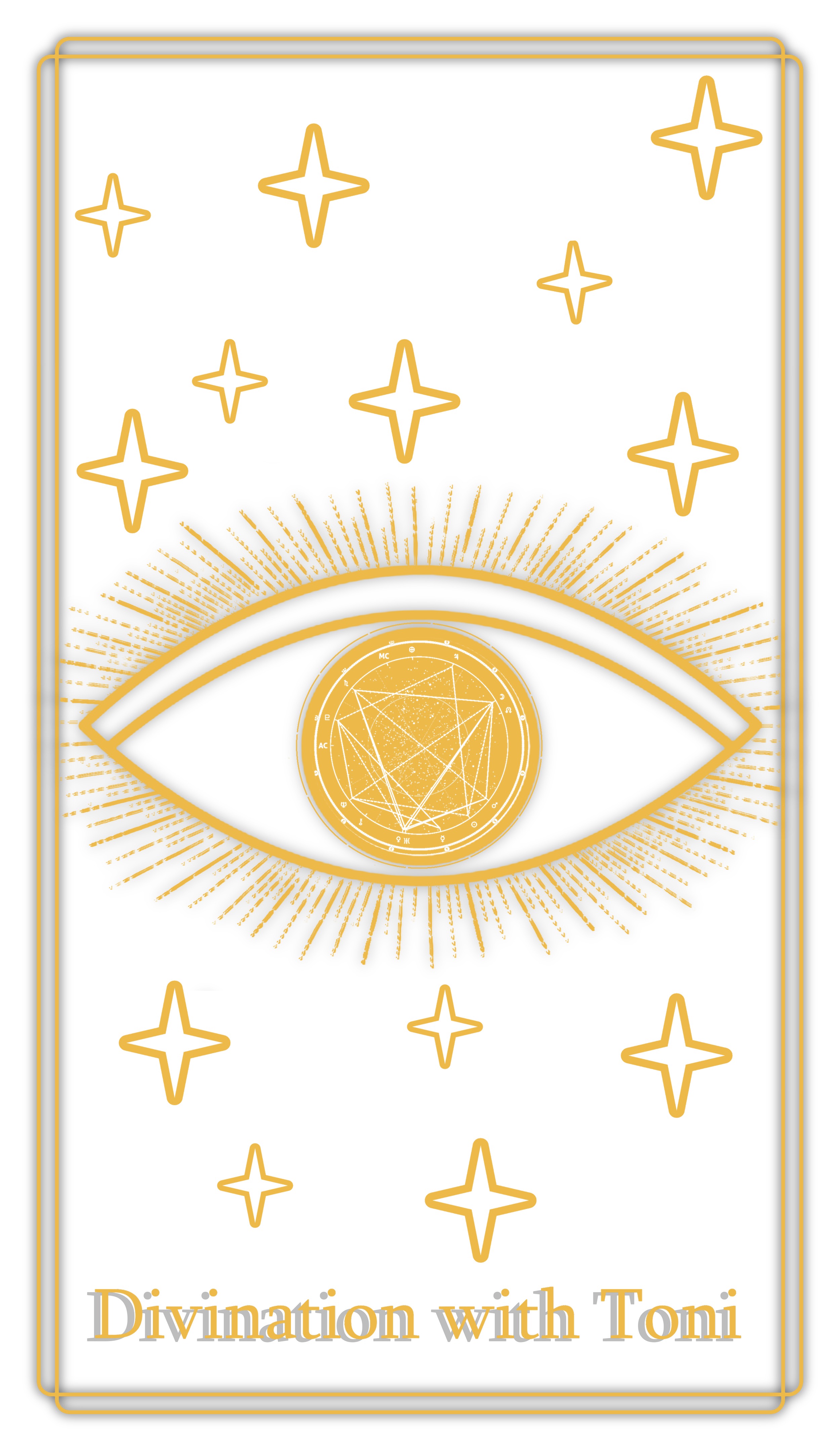 A Tarot card titled 'Divination with Toni' features a large eye with a golden circle at its center, containing a natal chart within the eye. The eye is surrounded by radiating lines and several stars against a white background.