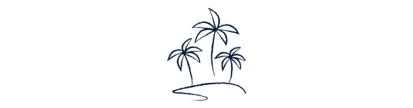 Four stylized palm trees on a small island with water surrounding it, in a minimalist line art style.