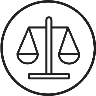 Outline of a balanced scale inside a circle, representing justice or law.