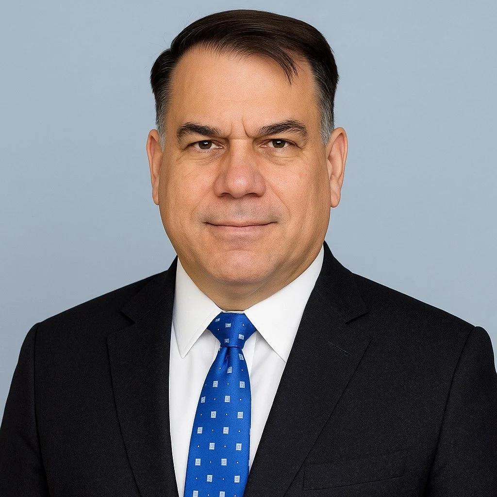 A portrait of a man wearing a dark suit, white shirt, and blue tie with small white patterns, against a light gray background.