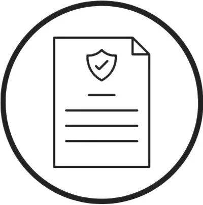 Icon of a document with a shield and checkmark, representing security or protection.