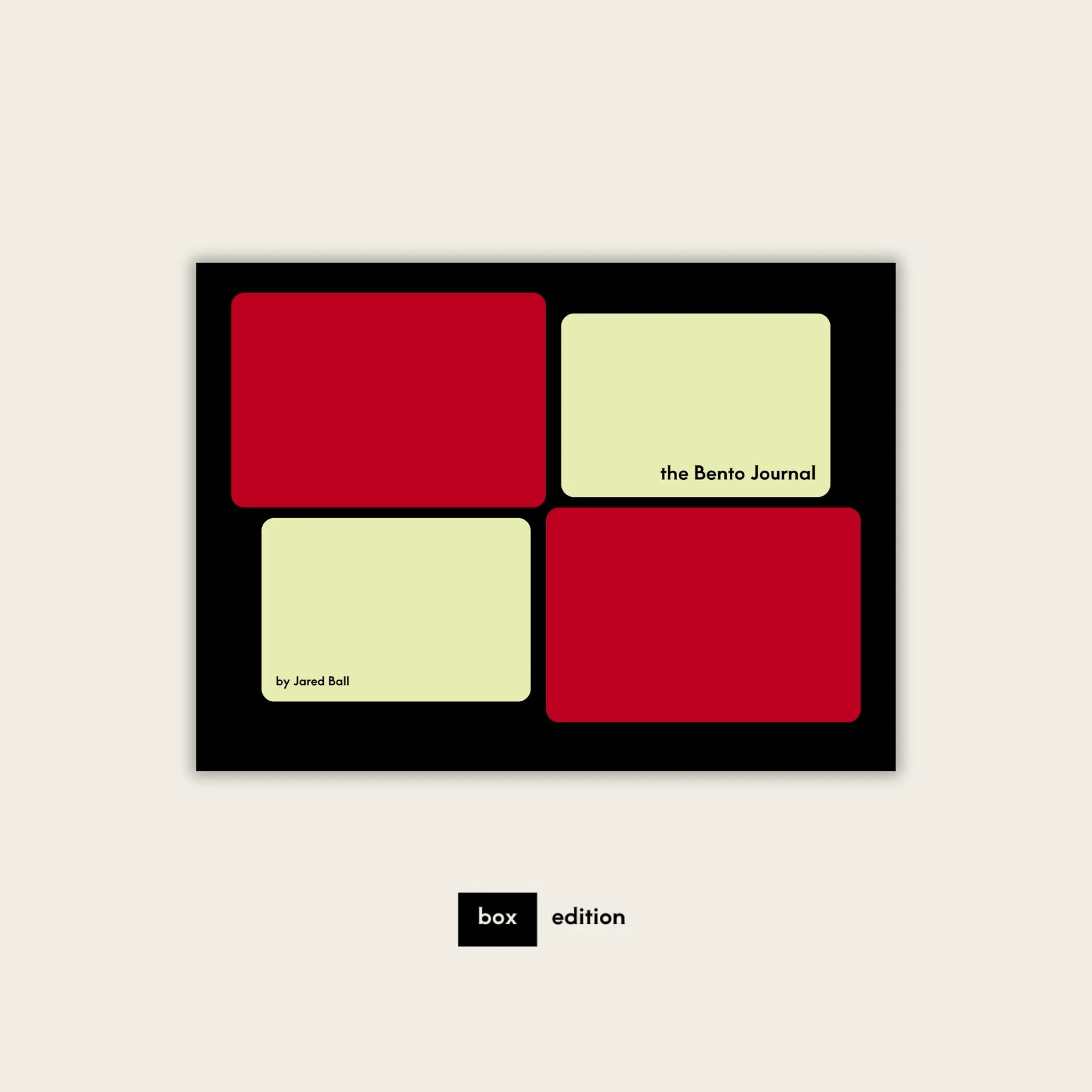 Cover of the book titled 'the Bento Journal' by Jared Ball, featuring a black background with four rectangular shapes: two red ones and two light green ones, arranged in a grid pattern.