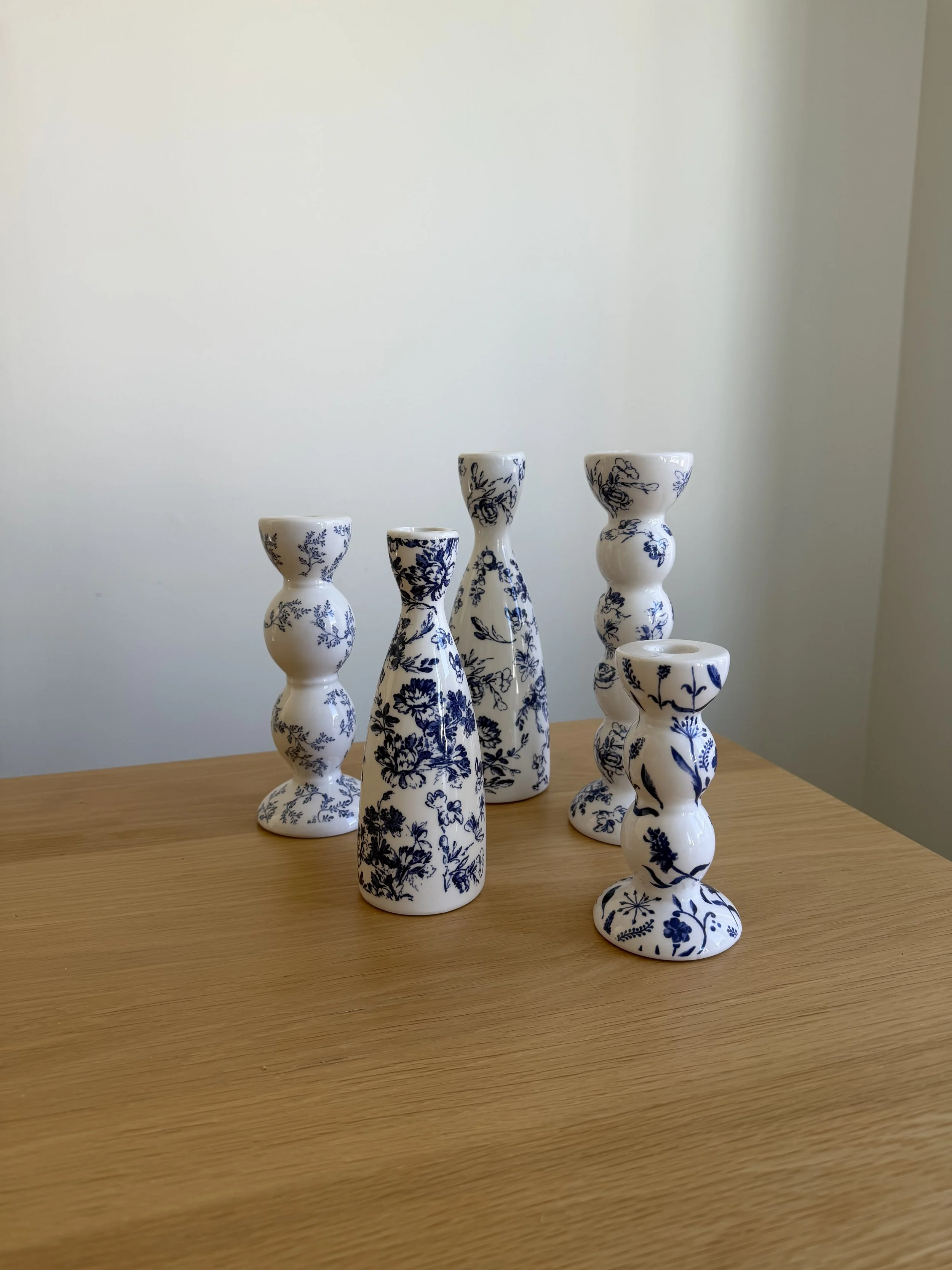 Blue Floral Candlestick Holders