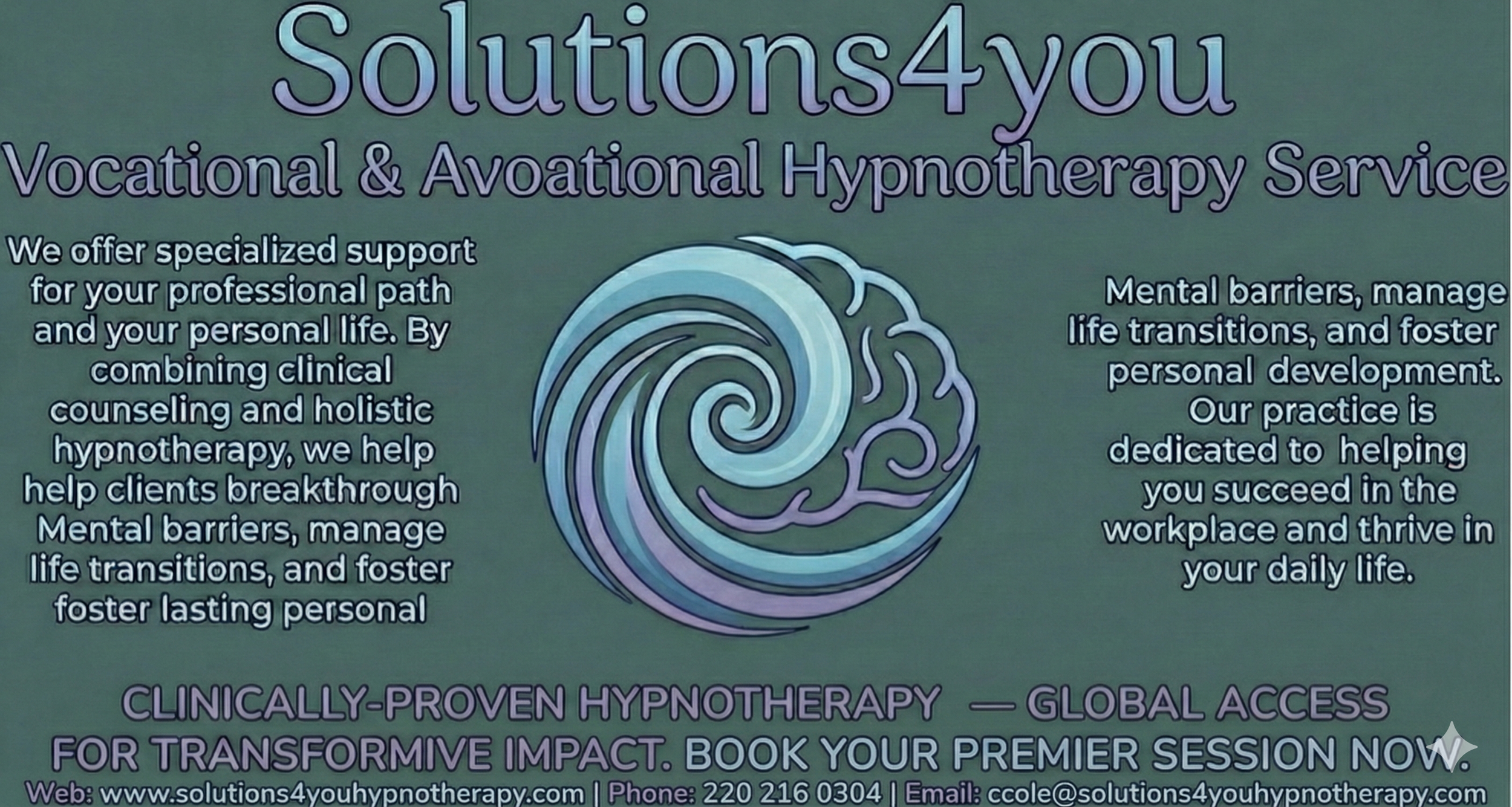 A promotional poster for Solutions4you, a vocational and avational hypnotherapy service. The poster features a large spiral brain graphic in the center and text describing the service’s approach to overcoming mental barriers and managing life transitions, with contact information at the bottom.