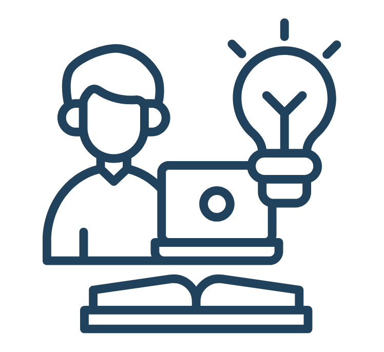 Line drawing of a person with headphones working on a laptop, with a lightbulb above symbolizing an idea, and an open book below.