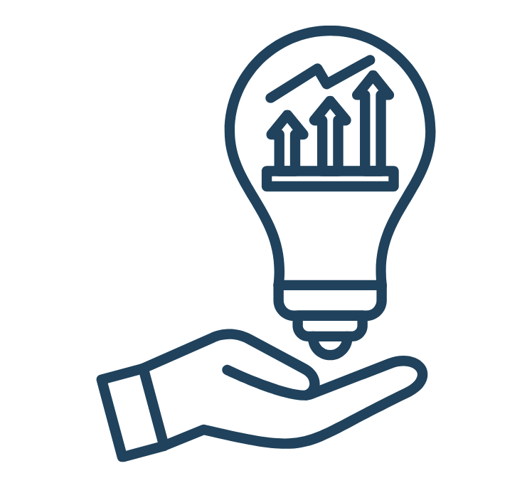 Illustration of a hand holding a lightbulb with an upward trending graph inside it, symbolizing ideas and growth.