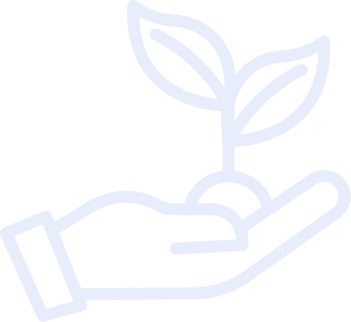 Outline of a hand holding a small plant with two leaves.