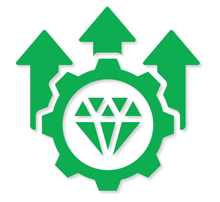 Green gear with a diamond inside and three arrows pointing upward.