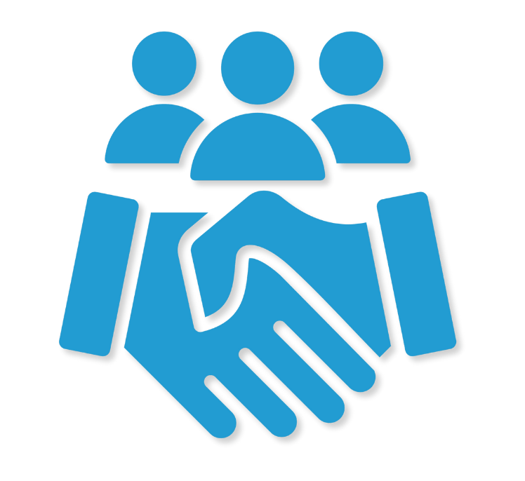 Blue icon of a handshake with three people in the background.