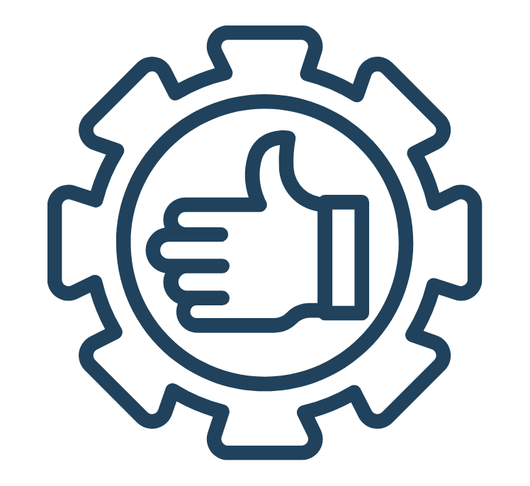 Line art icon of a thumbs-up inside a gear, symbolizing approval or quality in a technical or mechanical context.