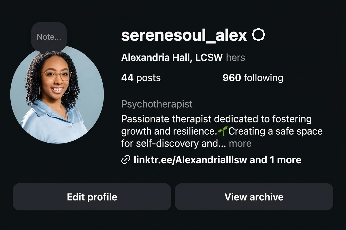 Instagram profile page for serensoul_alex featuring a profile picture of a woman with glasses and curly hair, wearing a light blue shirt.