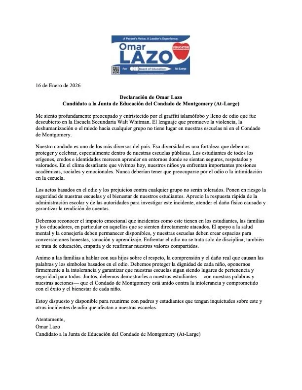 Today, I released a statement addressing the hateful and Islamophobic graffiti discovered at Walt Whitman High School.

Our students are facing enough challenges without fear or intimidation at school. Montgomery County&rsquo;s diversity is our stren
