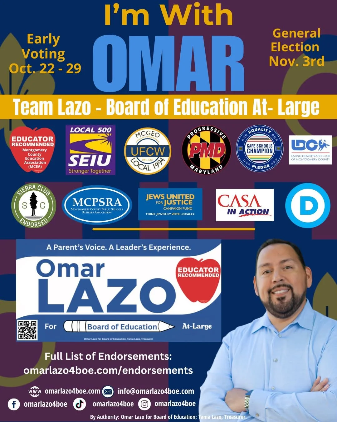 📣 I&rsquo;M WITH OMAR! 💙

Help spread the word! Share this graphic and let your friends know why you&rsquo;re supporting Omar Lazo for Board of Education!

✅ MCPS Parent of Three &ndash; Understands our schools firsthand.

✅ Proven Leadership &ndas