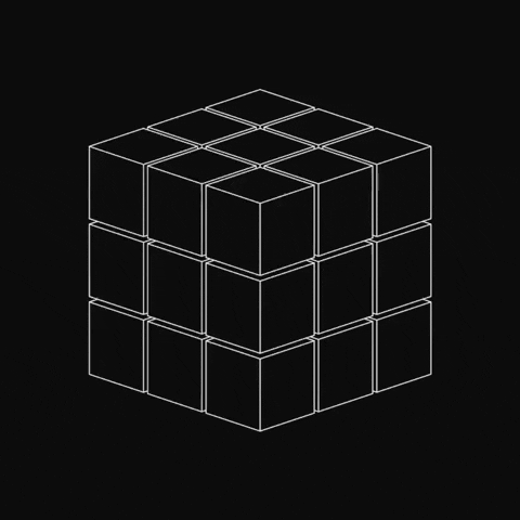 A digital line drawing of a 3x3 Rubik's Cube with some squares missing, on a black background.