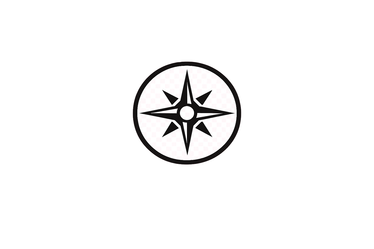 A logo of a compass rose with a black outline on a pink background.