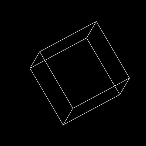 Line drawing of a transparent cube in a 3D perspective on a black background.
