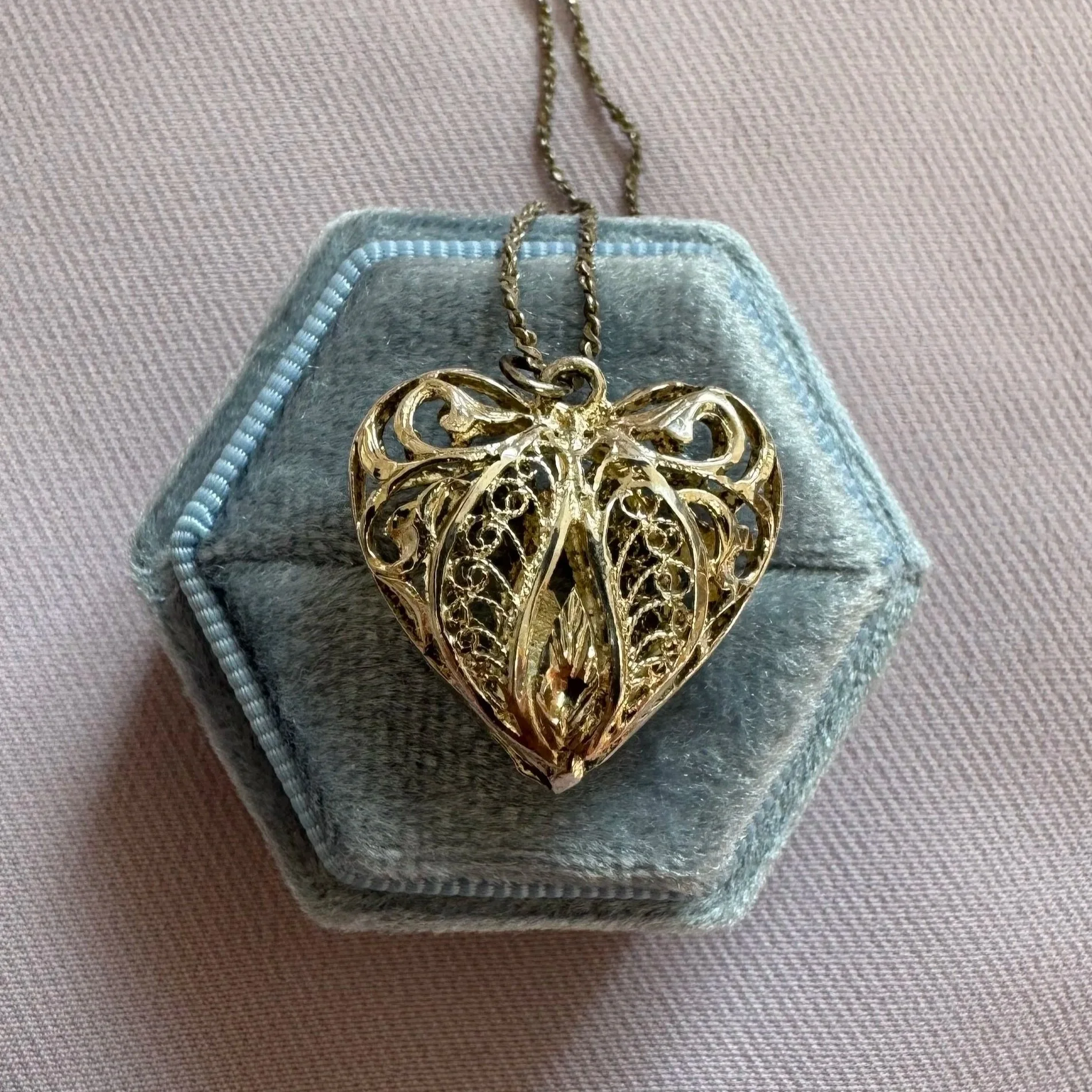 Sterling Filigree Heart Necklace on Vintage Chain