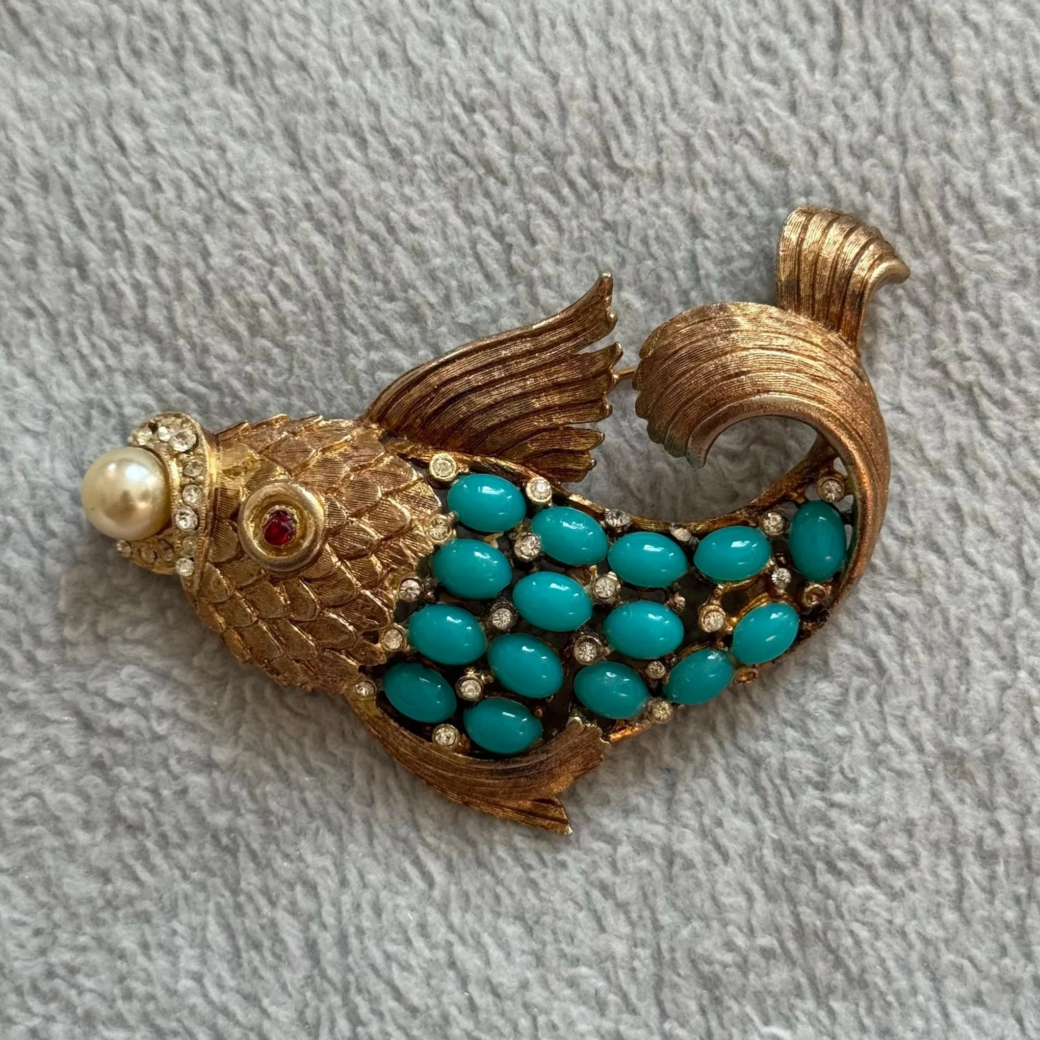 sold! Gold Tone and Turquoise Fish Brooch
