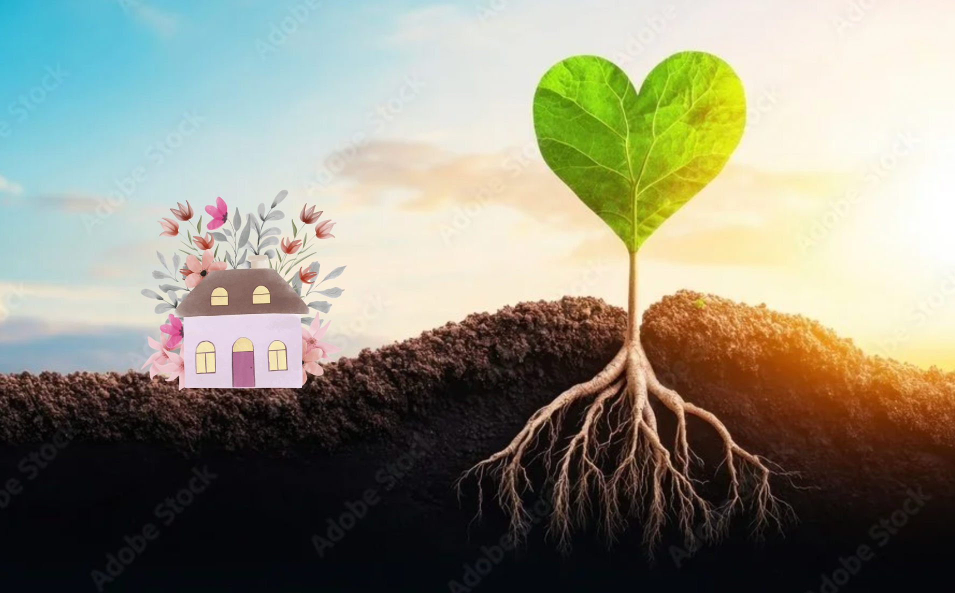 A digitally illustrated scene showing a house decorated with flowers on the left, and a young plant with green leaves and visible roots growing in the soil on the right, with sunlight in the background.
