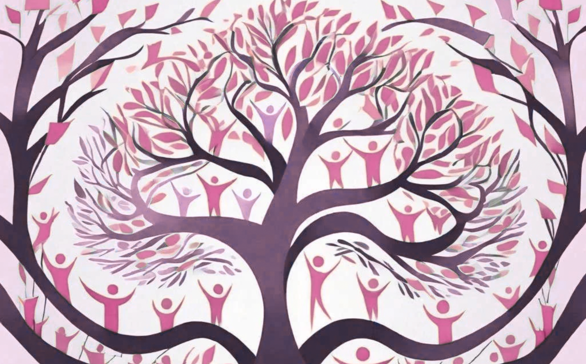 Illustration of a large, dark purple tree with pink human-like figures with outstretched arms forming the leaves and creating a pattern.