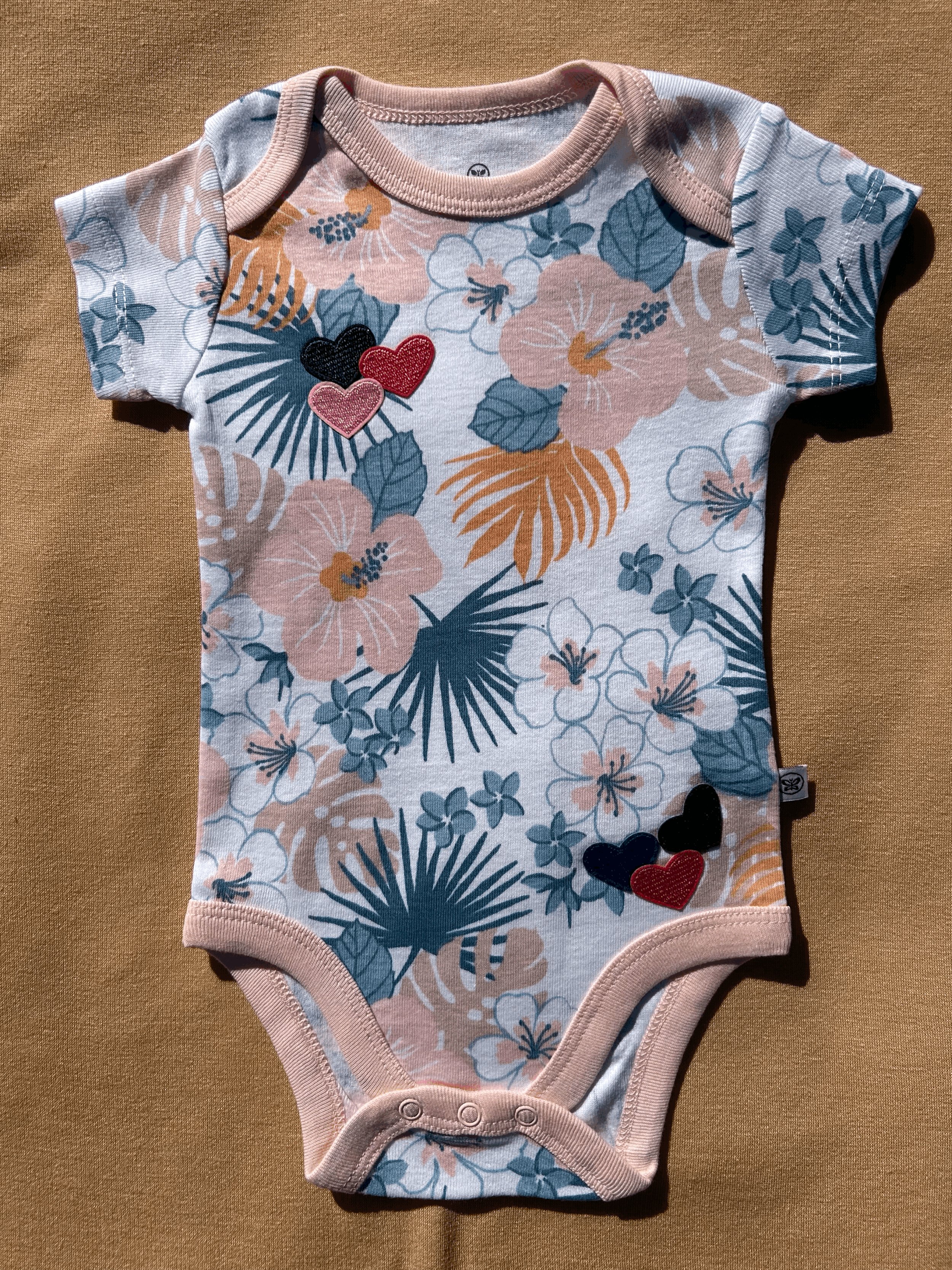 Organic Cotton Floral Onesie with Heart Patches size 3 to 6 months