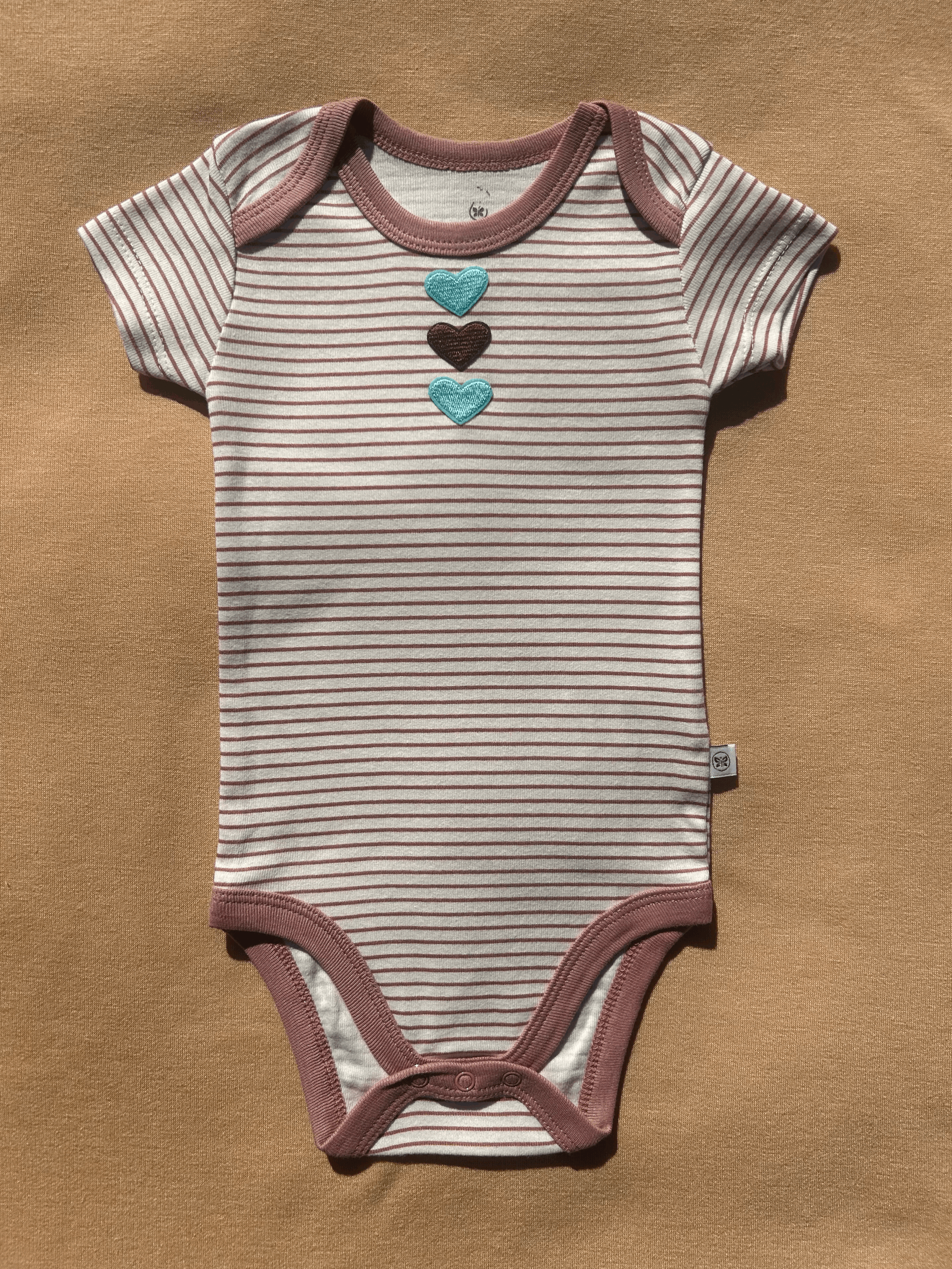 Charming Brown Striped Onesie with Heart Patches size 3 to 6 months