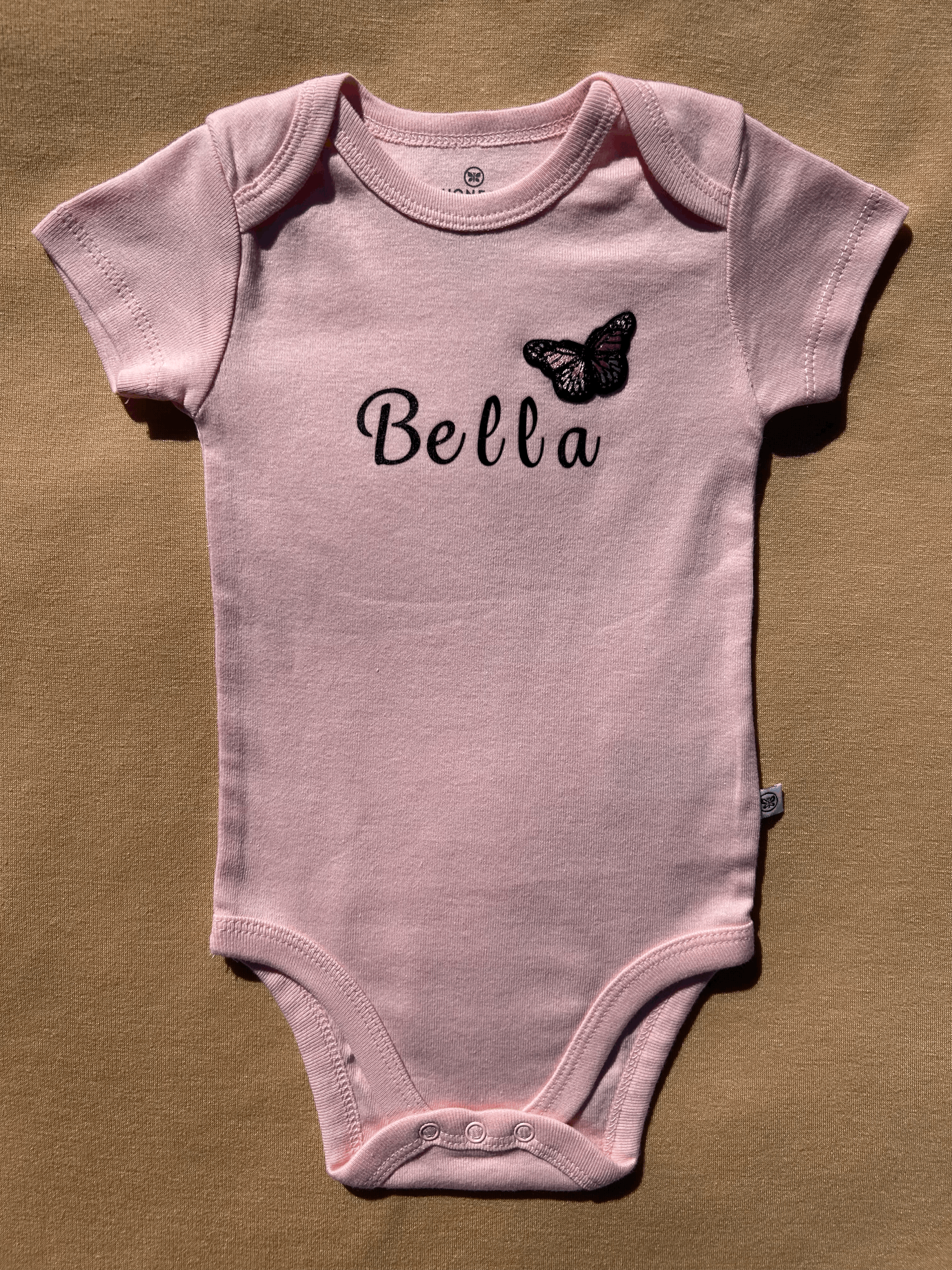 Bella Personalized Pink Onesie with Butterfly Patch size 3 to 6 months