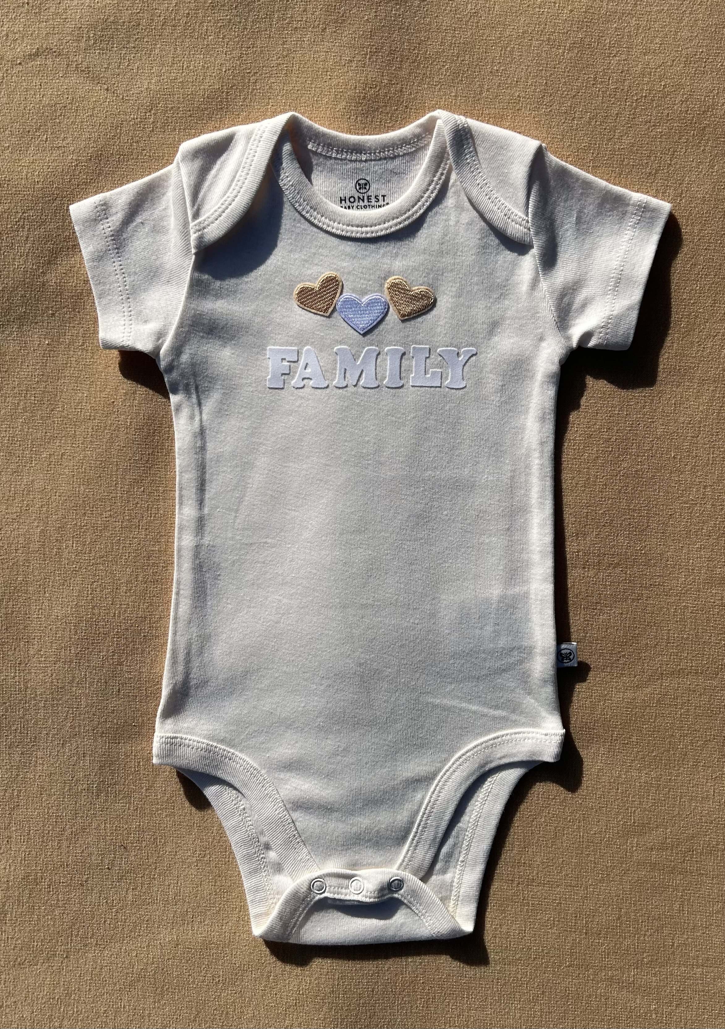 Organic 'Family' Heart Onesie size 3 to 6 months