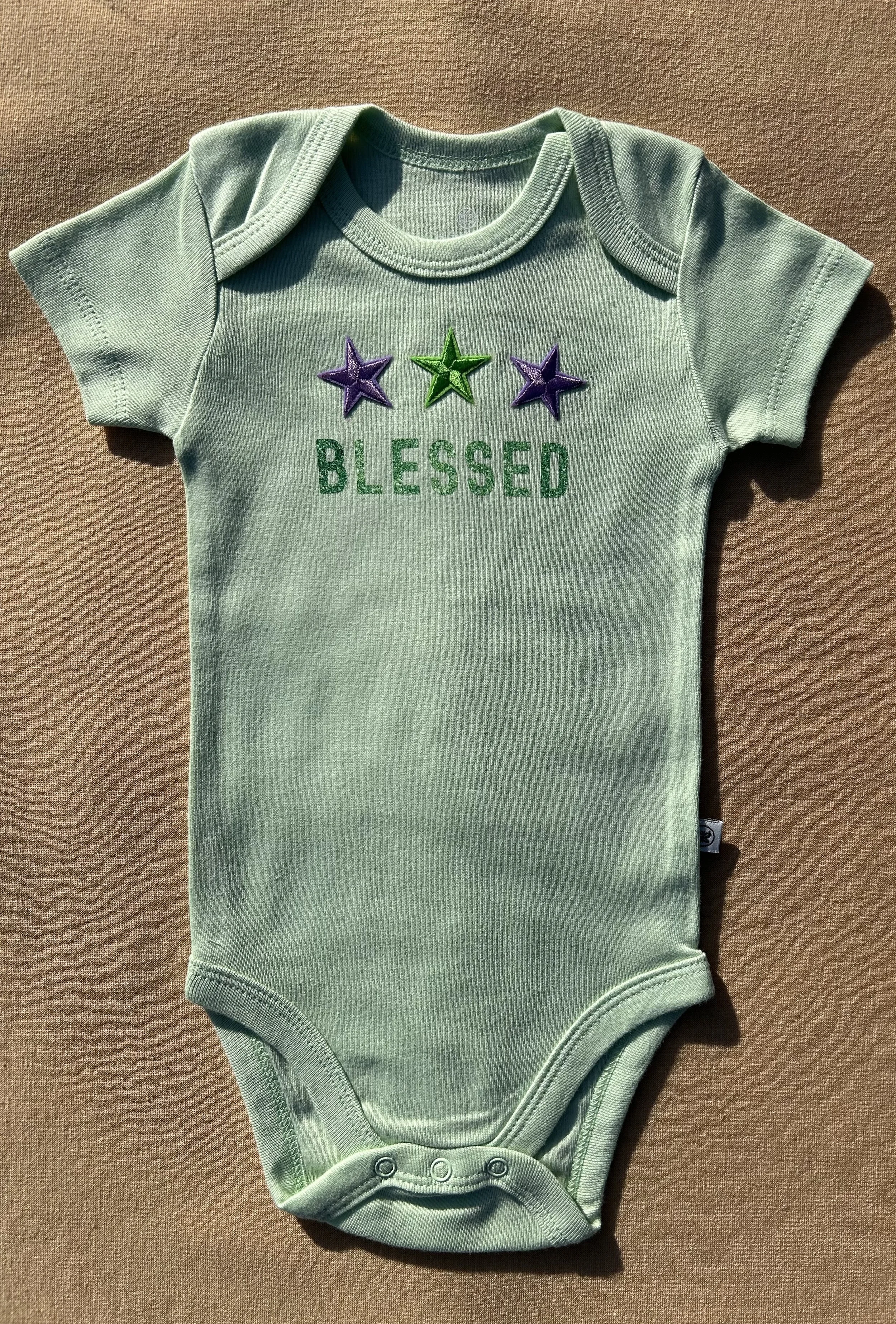 Organic Starry 'Blessed' Cotton Onesie - Mint Green size 3 to 6 months