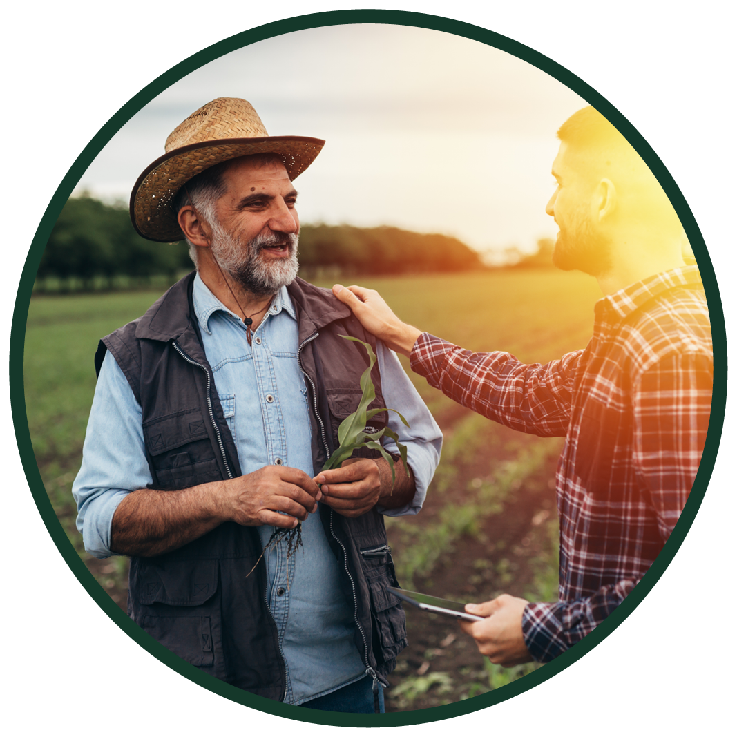 Two men, one older with a gray beard and wearing a straw hat, and one younger, stand outdoors in a farm field during sunset. The older man holds a plant and smiles as the younger man's hand rests on his shoulder, and the younger man holds a tablet.