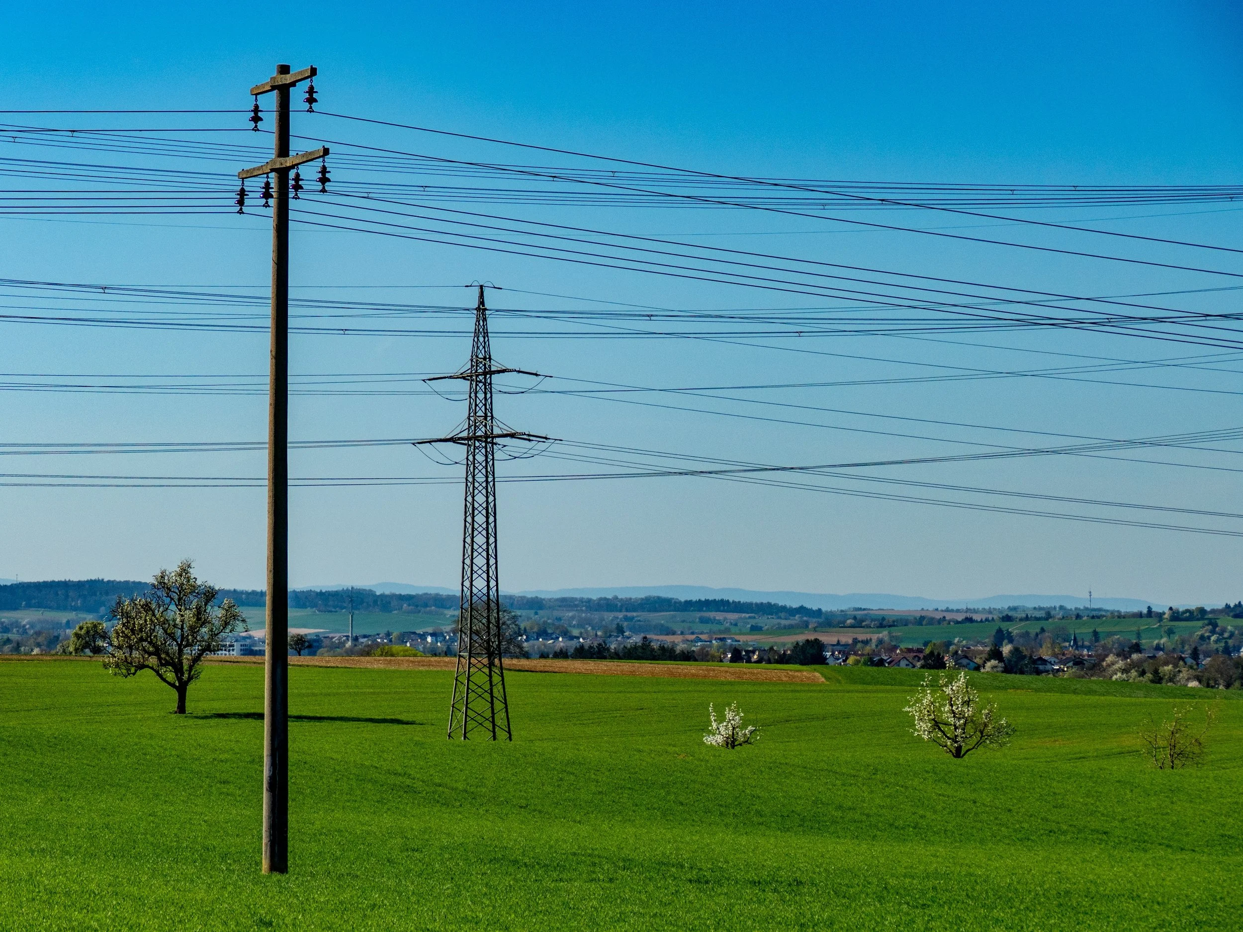 A rural landscape with green fields, scattered trees, and power lines crossing the sky against a blue background.