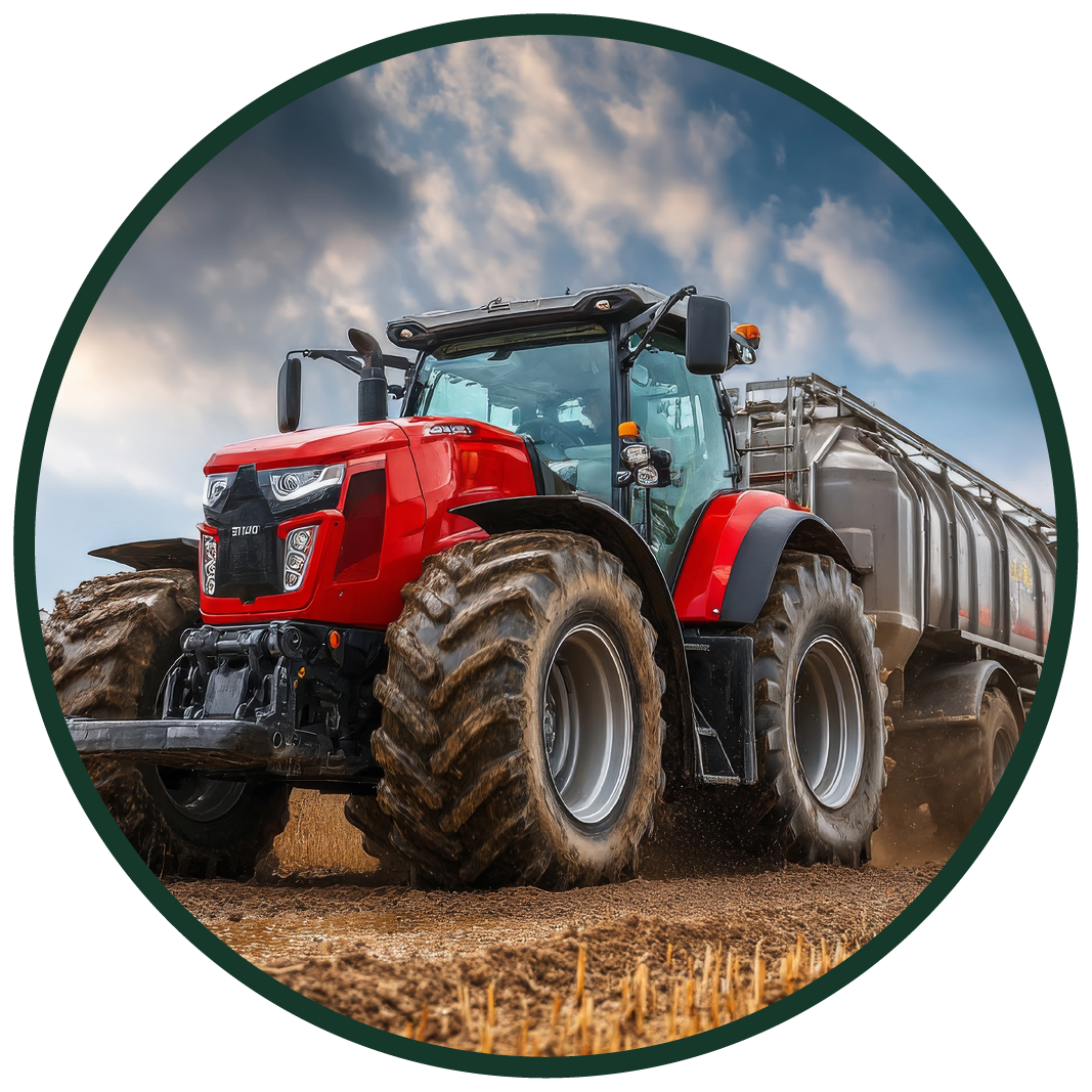 Red tractor plowing a farm field with a cloudy sky in the background.