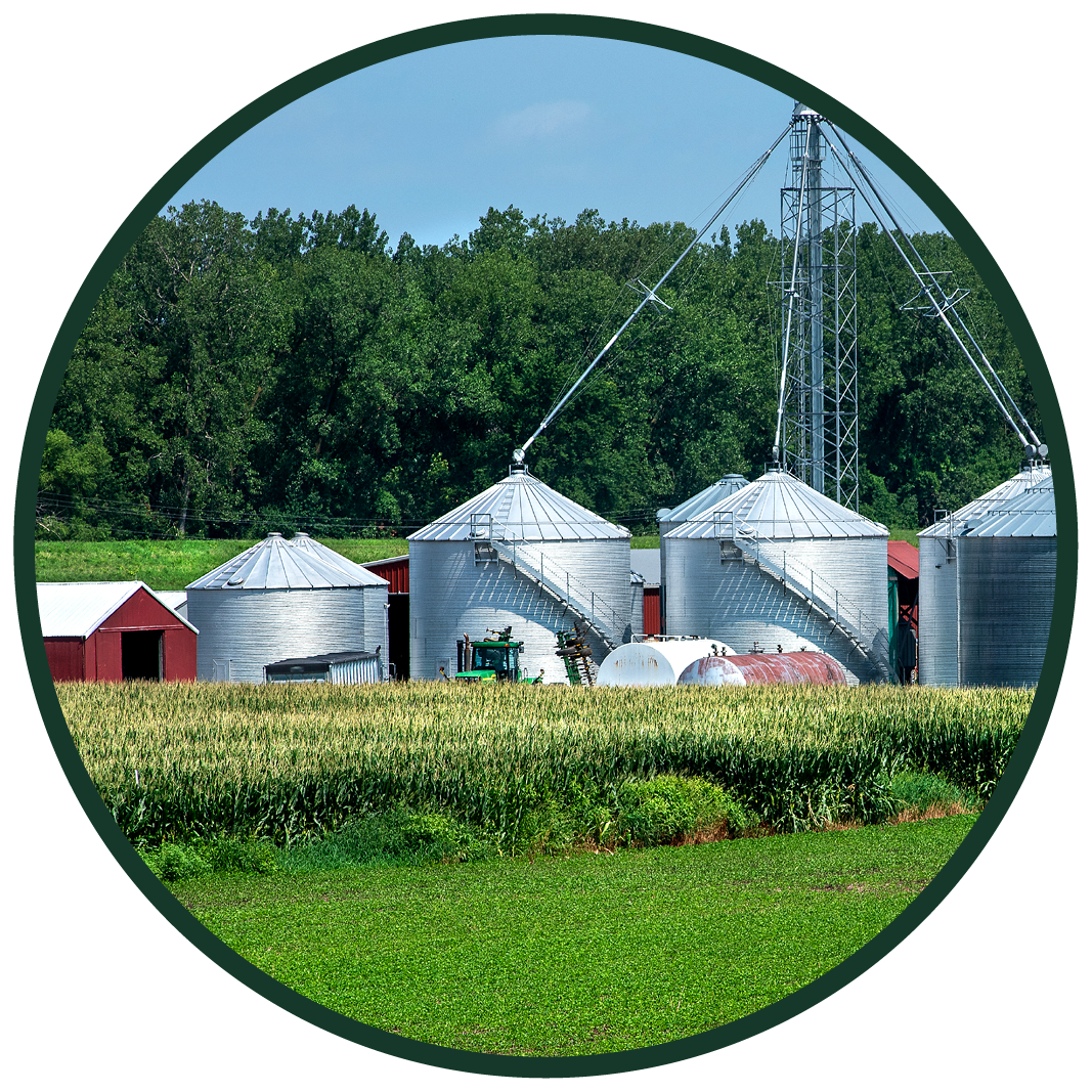 Farm scene with multiple metal silos, a red barn, and a tractor in a field of crops, with trees and a blue sky in the background.