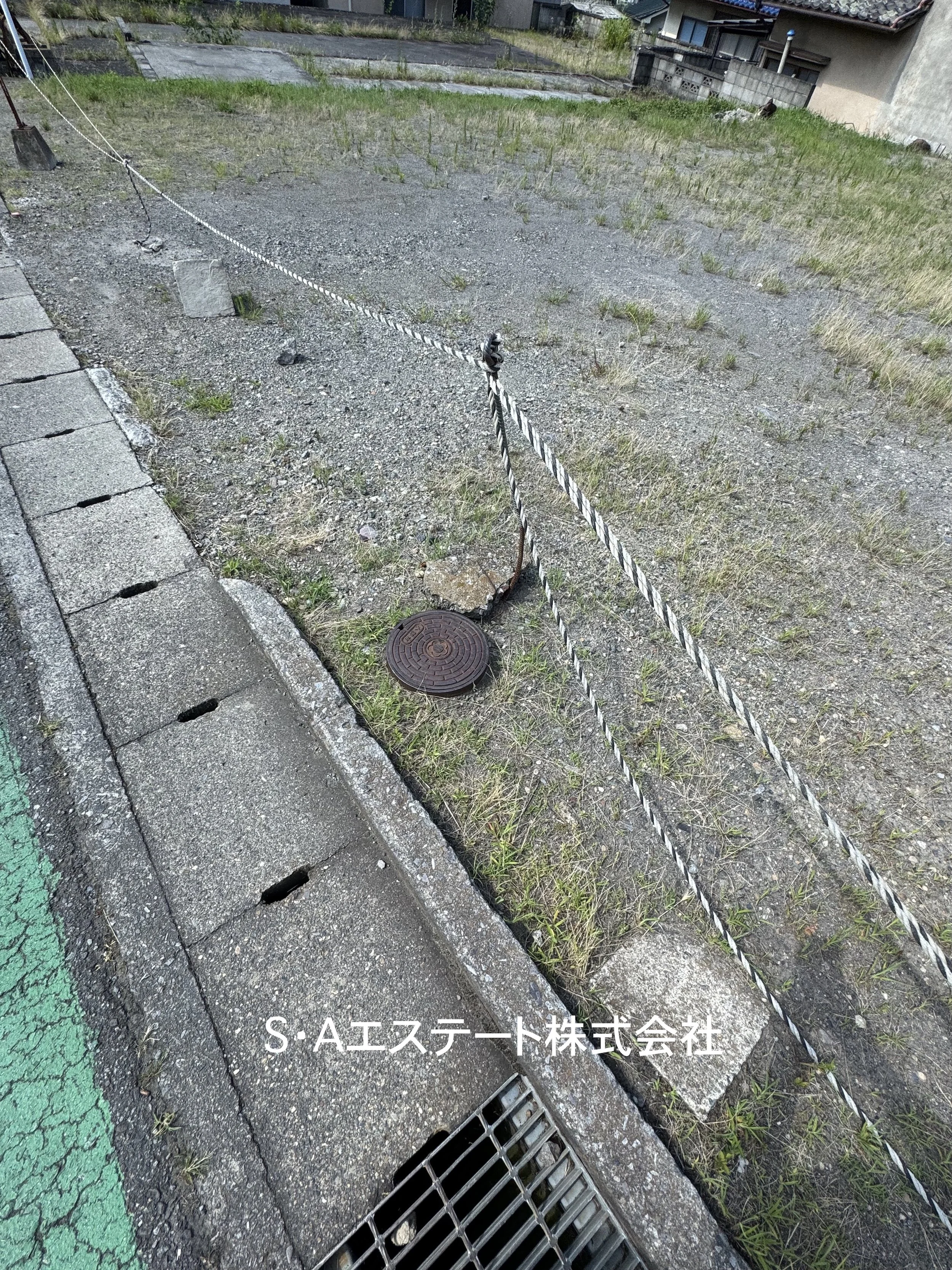 木々と青空の背景に黒い小屋と渡り廊下、落ち葉が敷き出された舗装道路が見える風景