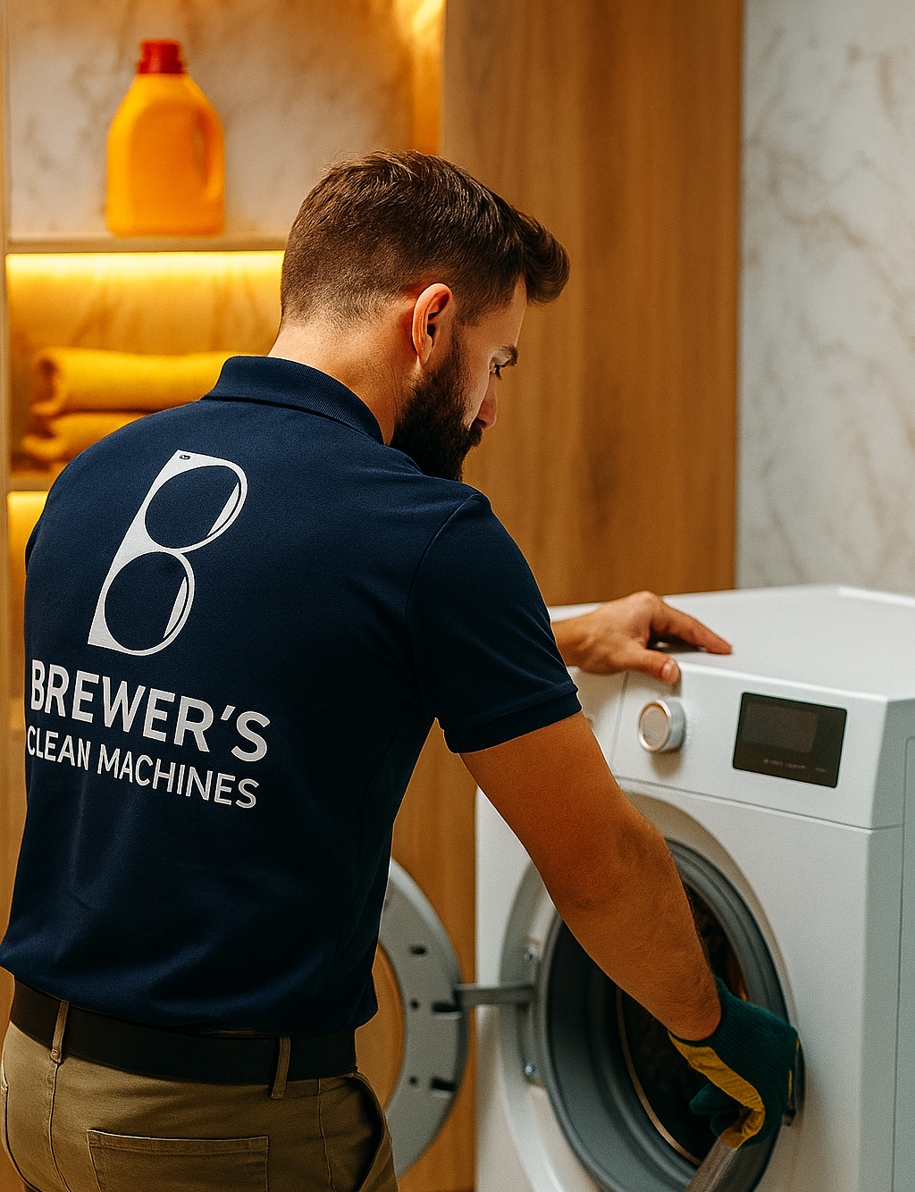A man loading laundry into a front-loading washing machine. He is wearing a navy blue shirt with the 'Brewer's' logo and text on the back, and gloves.
