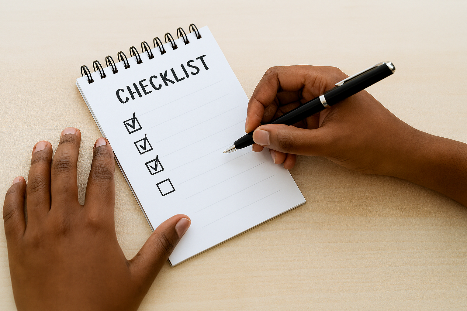A person checks off items on a checklist titled 'CHECKLIST' with three boxes checked and one empty box, using a black pen on a light-colored table.