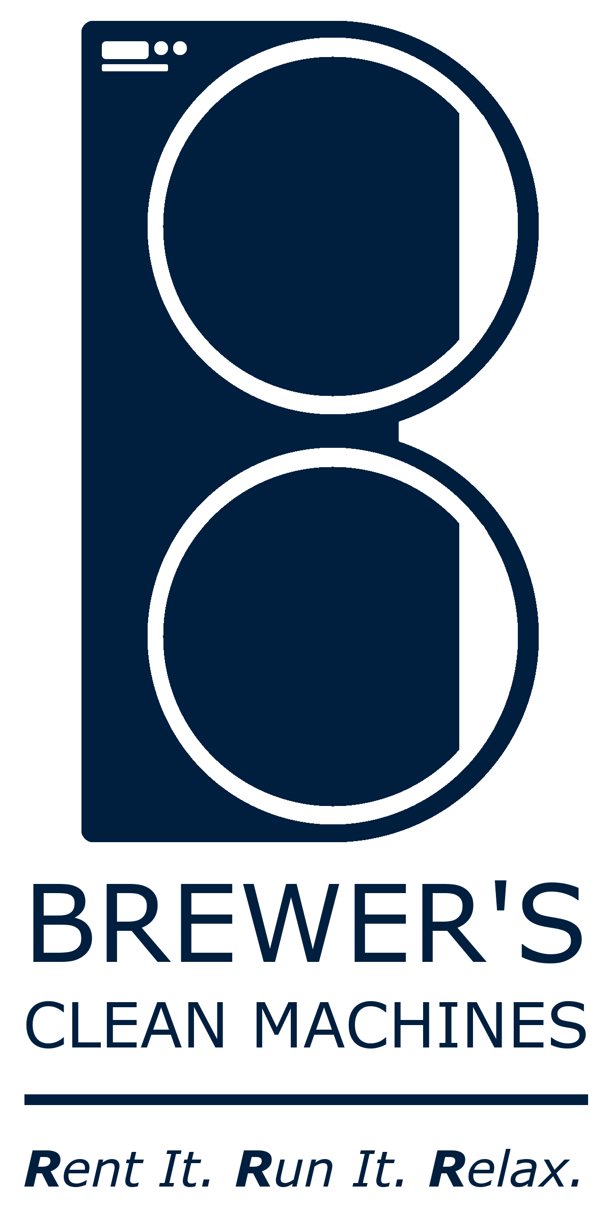 Logo for Brewer's Clean Machines featuring a design of a washing machine and the tagline "Rent It. Run It. Relax."
