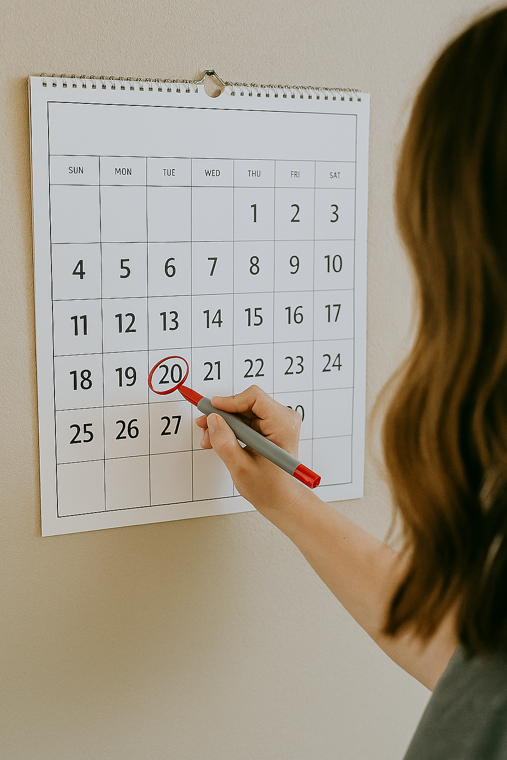 Person marking the 20th on a calendar with a red marker.