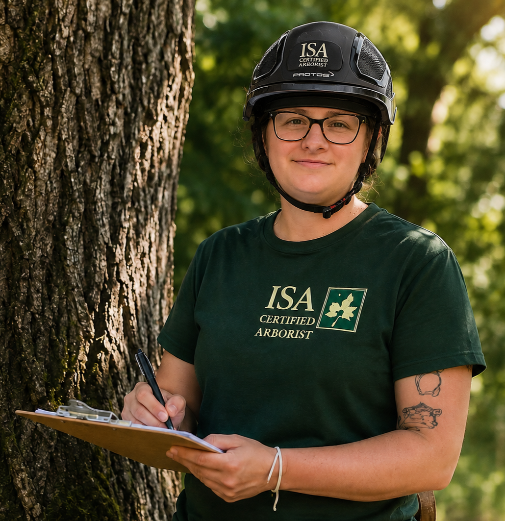 A woman wearing glasses, a helmet reading 'ISA Certified Arborist,' and a dark green T-shirt with the same logo, standing outdoors next to a tree, holding a clipboard and a pen, smiling.
