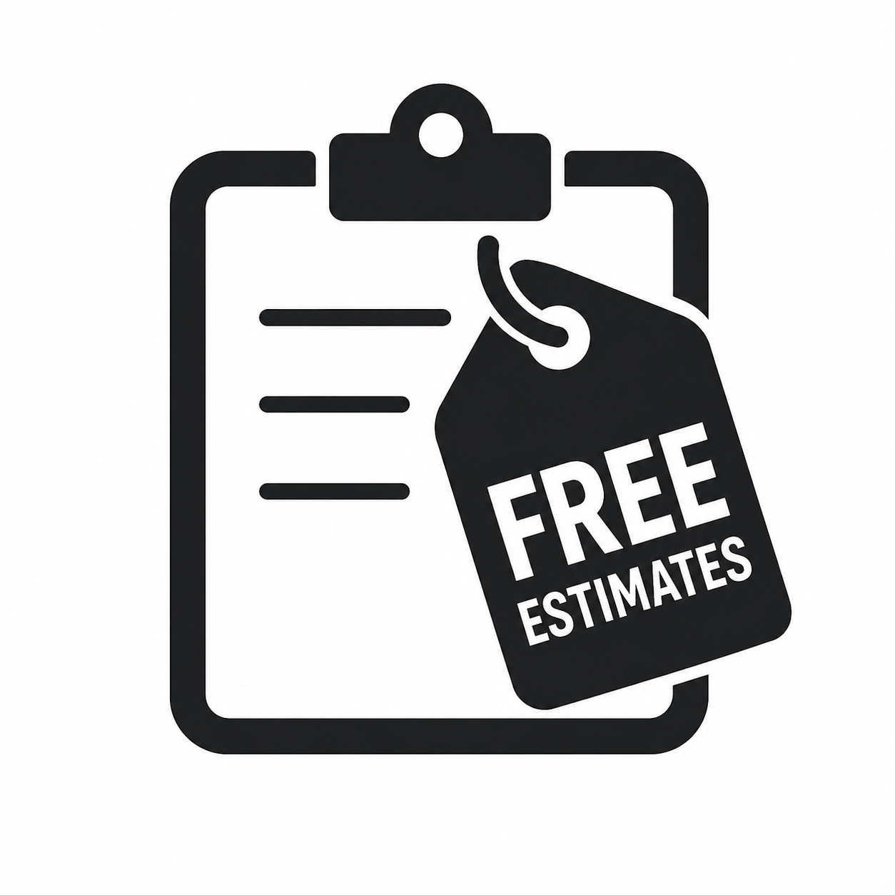 Icon of a clipboard with a paper attached, featuring three horizontal lines, and a price tag labeled 'FREE ESTIMATES' hanging from the top of the clipboard.